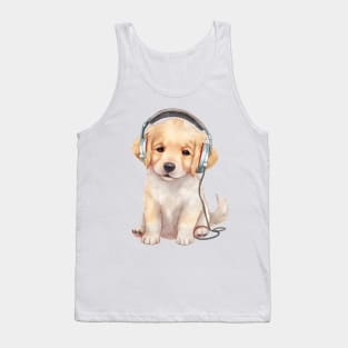 Watercolor Golden Retriever Dog with Headphones Tank Top